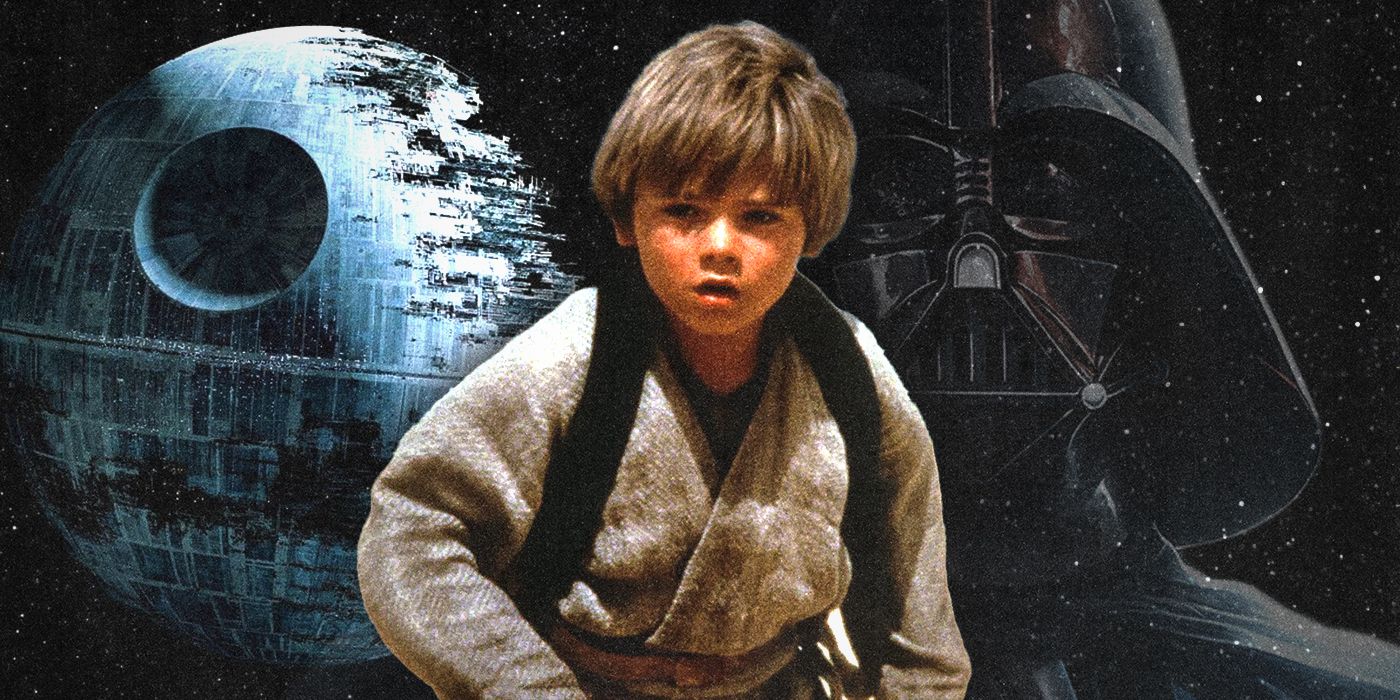 Young Anakin Skywalker running with an image of the Death Star in the background to the left and Darth Vader in the background to the right