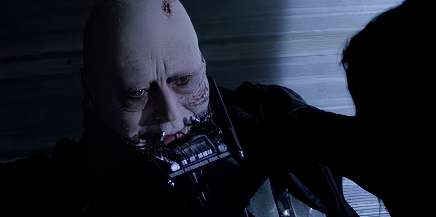 Darth Vader revealing his real face to Luke Skywalker in Star Wars.