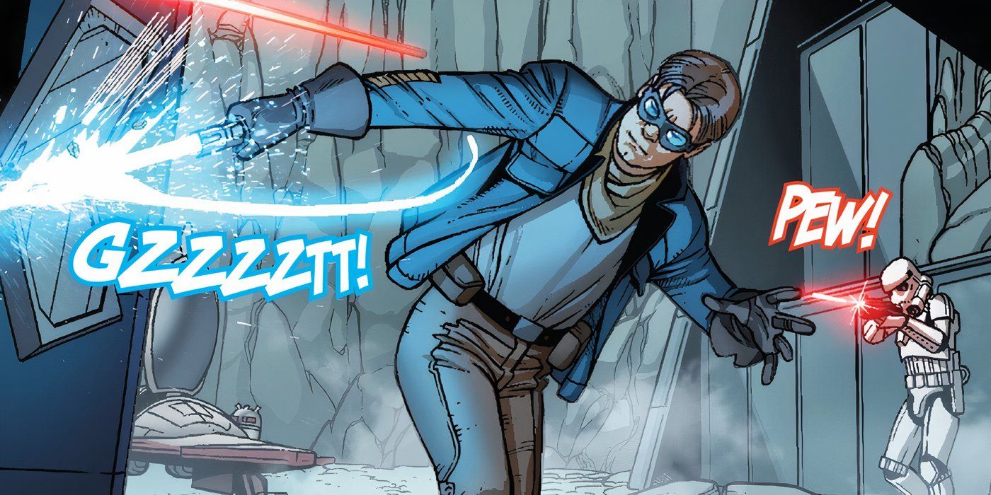 Star Wars' newest Jedi hero, Tensu Run, fighting Stormtroopers with his blue lightsaber.