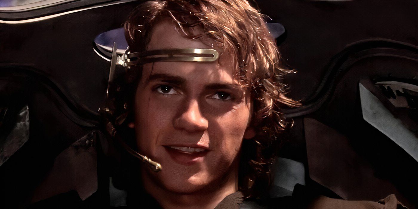 Primer plano del rostro de Anakin Skywalker mientras vuela una nave espacial en Star Wars.