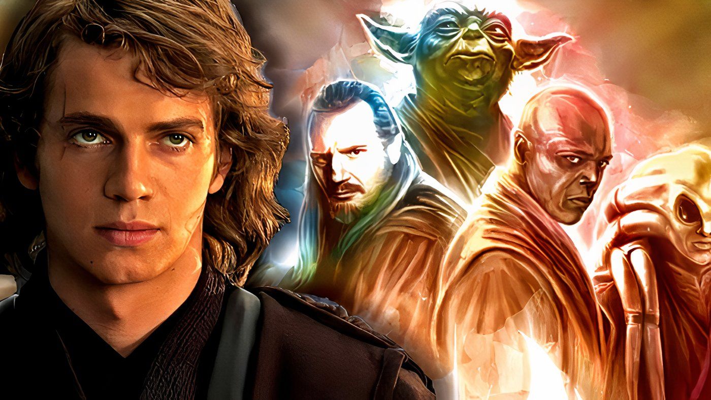 Star Wars' Anakin Skywalker standing in front of Yoda, Qui-Gon Jinn, and Mace Windu.