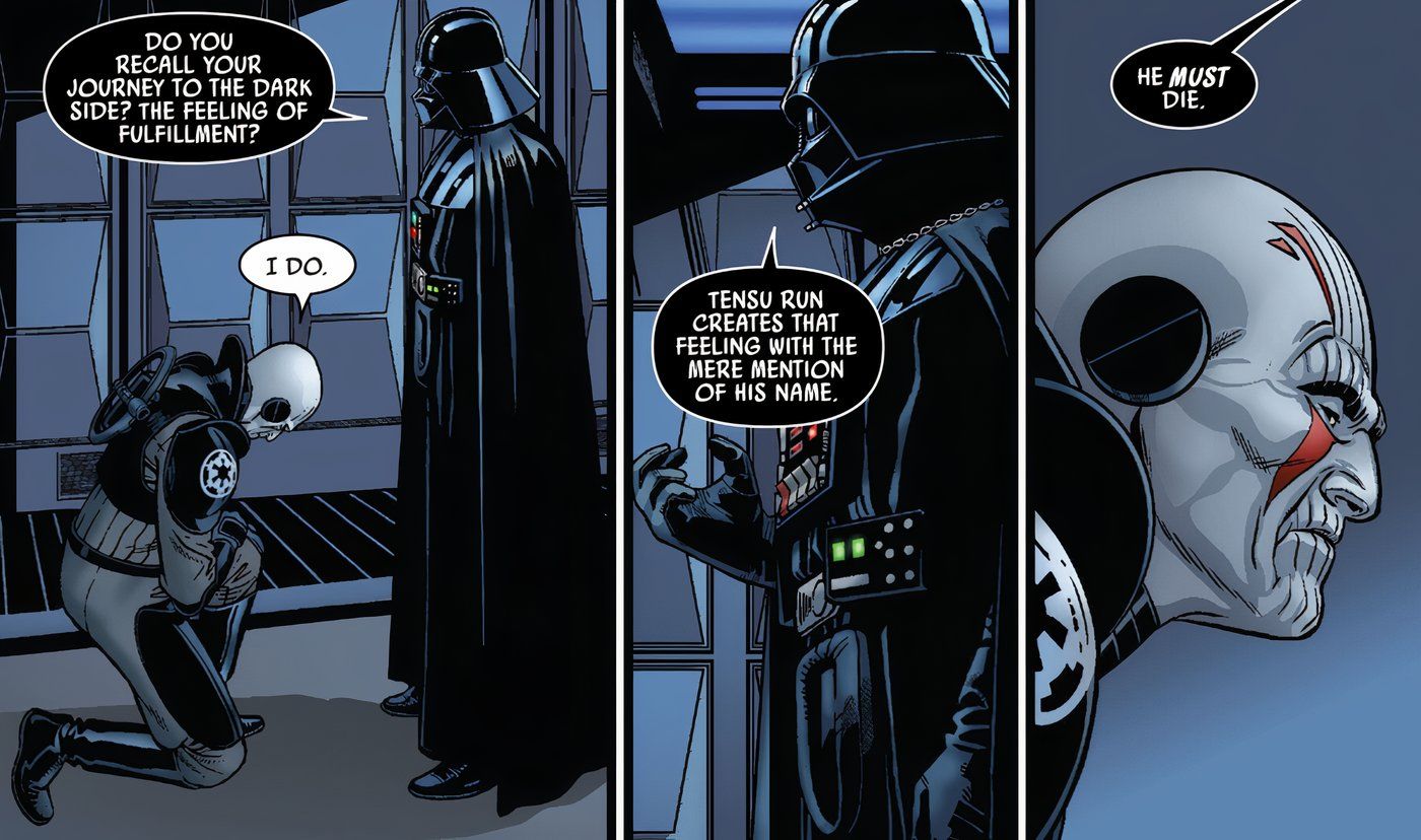 Darth Vader dizendo ao Grande Inquisidor que ele precisa encontrar e matar um Jedi.