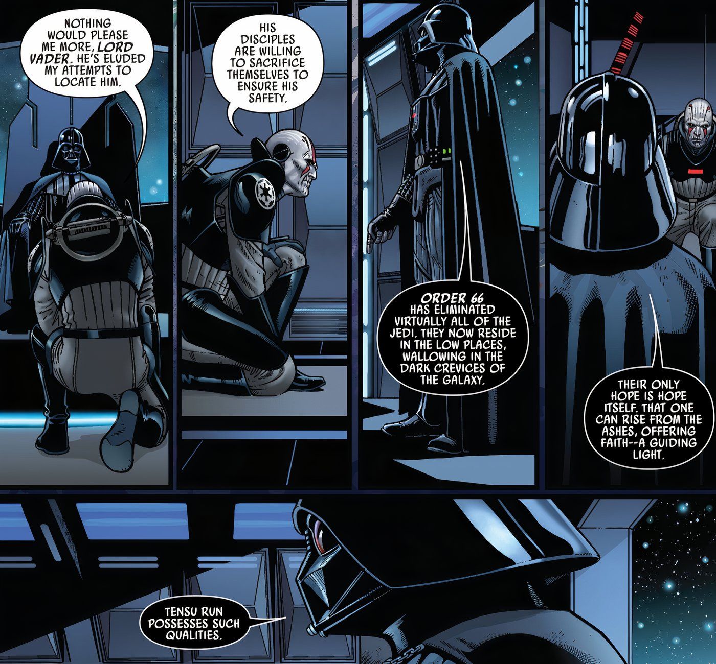 Darth Vader dizendo ao Grande Inquisidor que ele precisa encontrar e matar um Jedi.