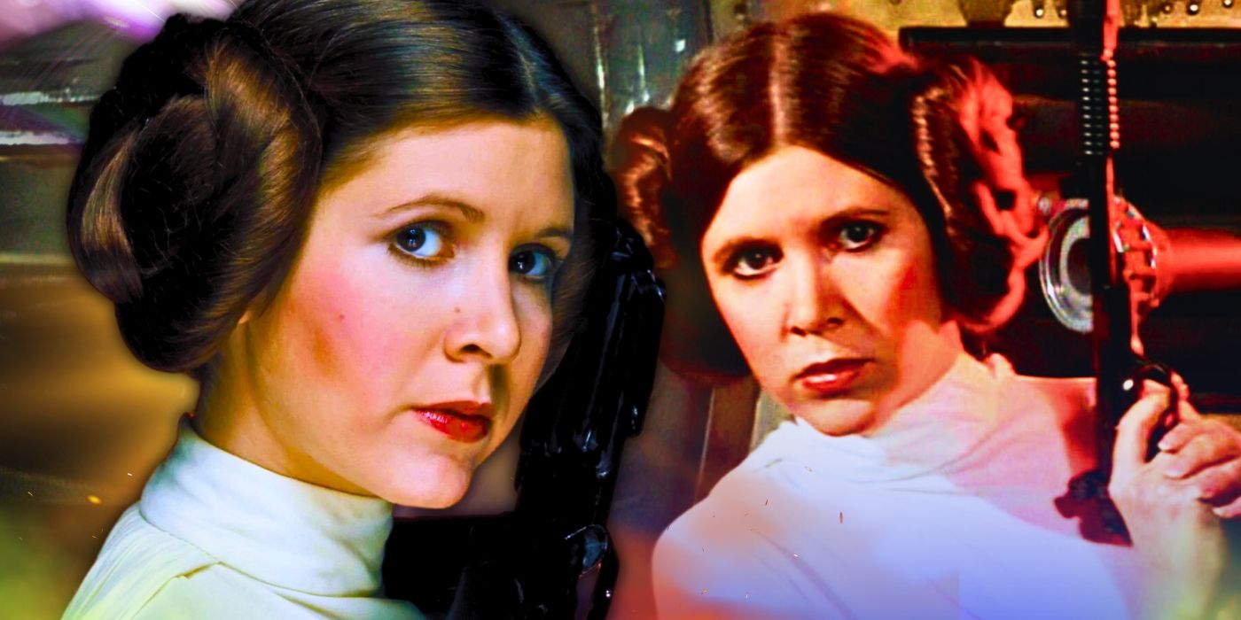 Carrie Fisher as Princess Leia in A New Hope to the left and the right holding a blaster in both images