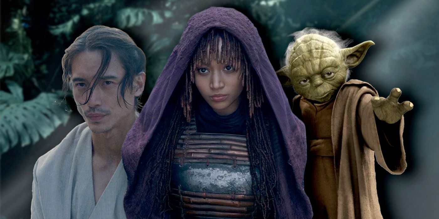 Qimir to the left, Mae in the middle, and Yoda to the right in a combined image in front of a background with plants