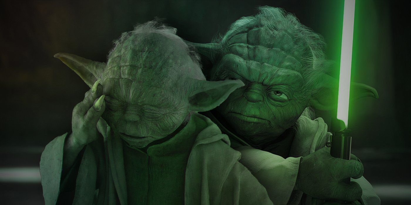 Yoda holds a hand to his head in distress, edited with him wielding his green lightsaber