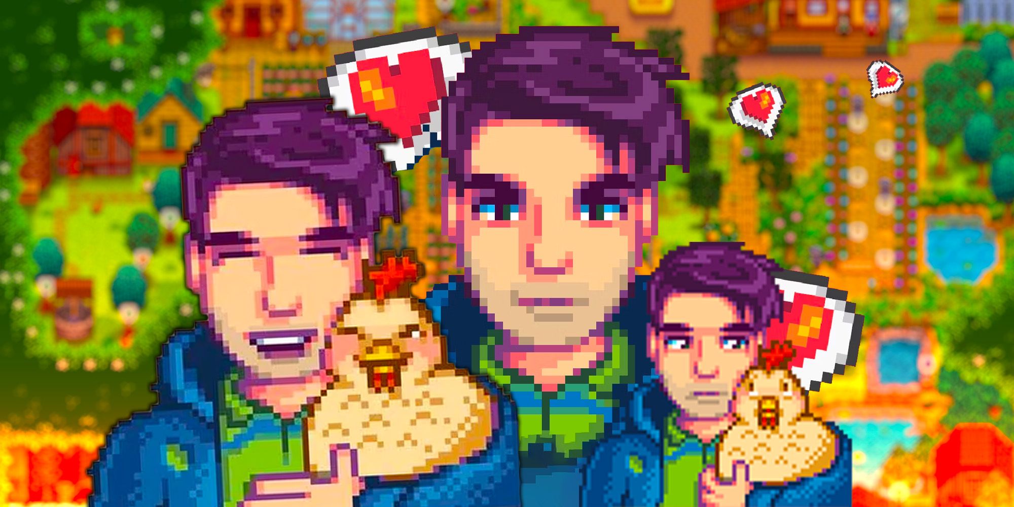 Shane sostiene el pollo en Stardew Valley