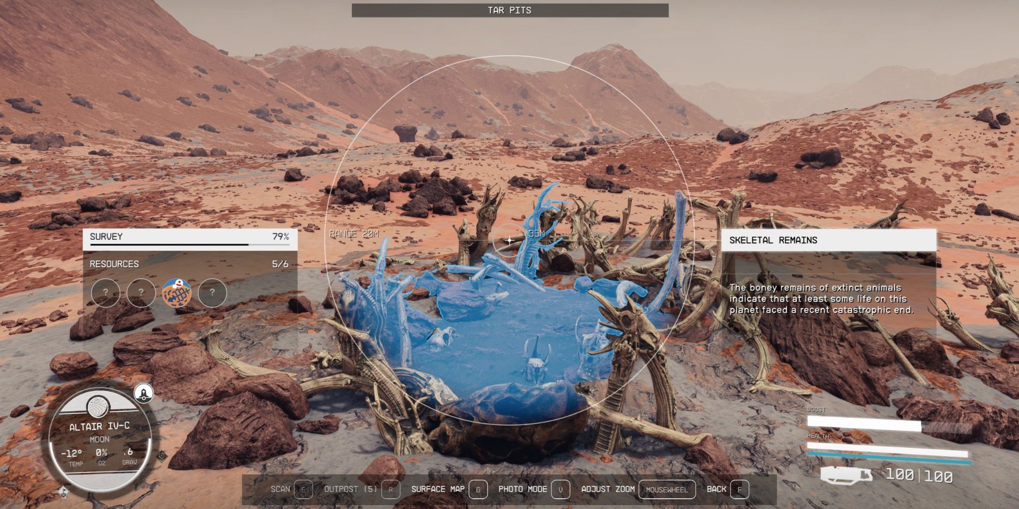 Captura de tela do scanner de Starfield mostrando um evento de extinção, poços de piche.