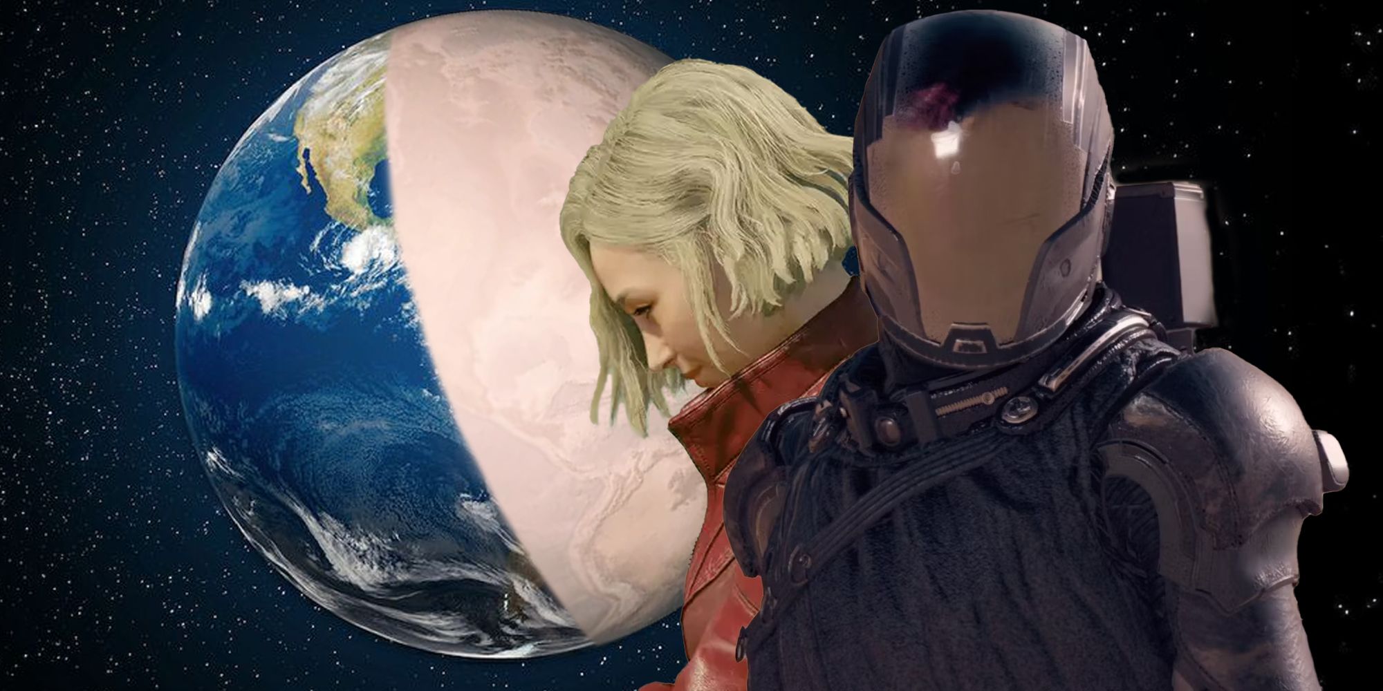 The Hunter and Sarah Morgan with Earth behind them (with one side thriving and the other side dead)