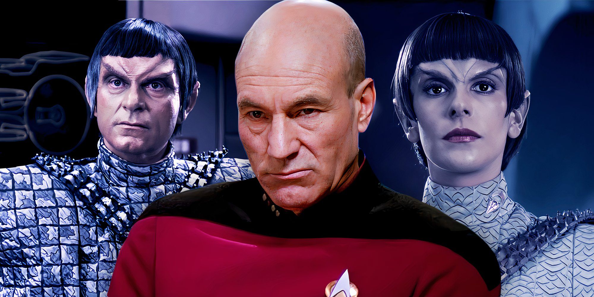 Captain Jean-Luc Picard surrounded by Romulans in Star Trek: The Next Generation