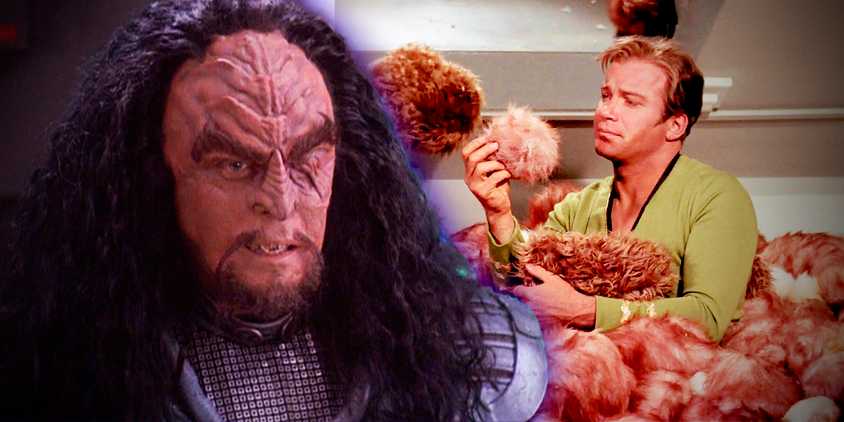 J.G. Hertzler as Martok and William Shatner as Kirk, with some Tribbles