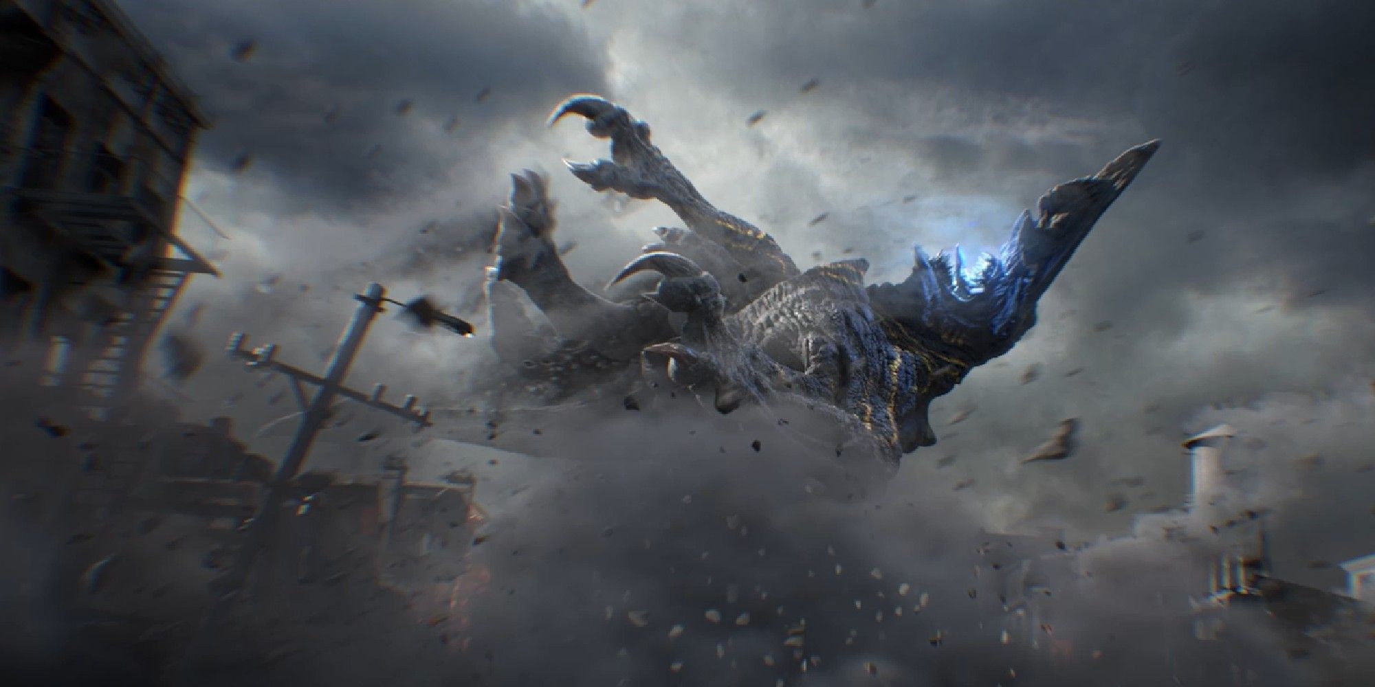 Um Kaiju do Círculo de Fogo, como visto no trailer de State of Survival, cai no chão.
