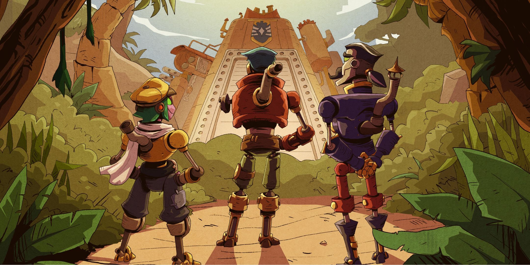 SteamWorld Heist 2 image of Daisy, Captain Leeway, and Wesley standing side by side with their backs to the camera