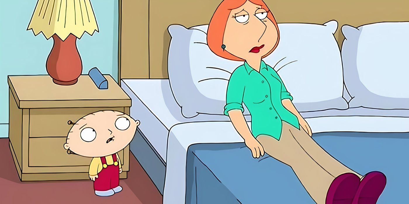 Stewie bothers a tired Lois in Family Guy