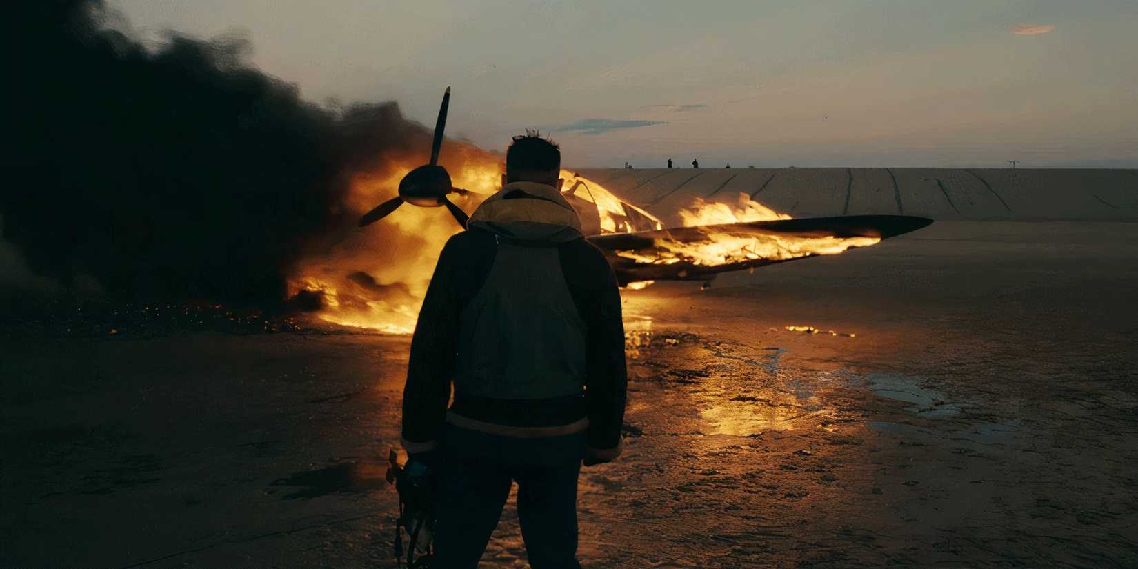 Still from Dunkirk showing Tom Hardy's character in front of his burning Spitfire. 