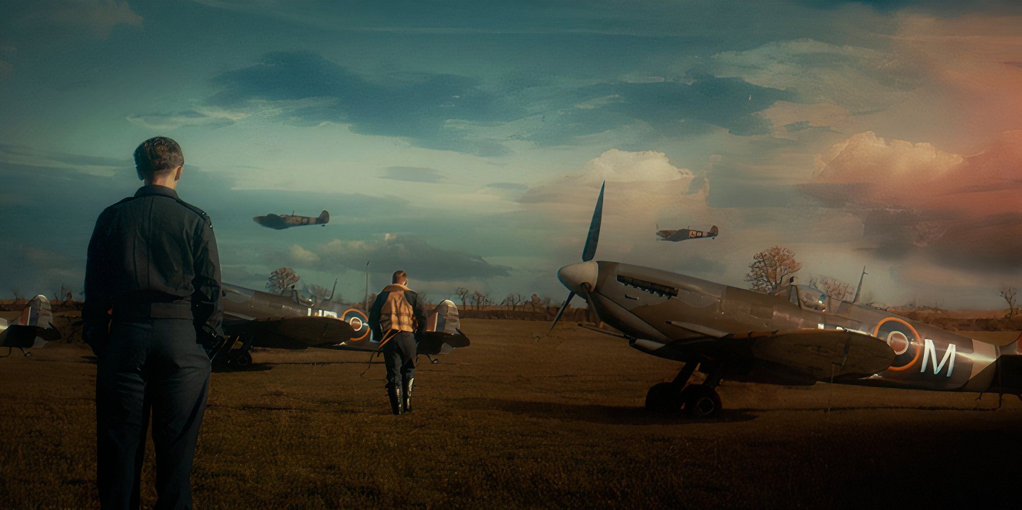 Personagens caminhando em direção a um avião em The Shamrock Spitfire