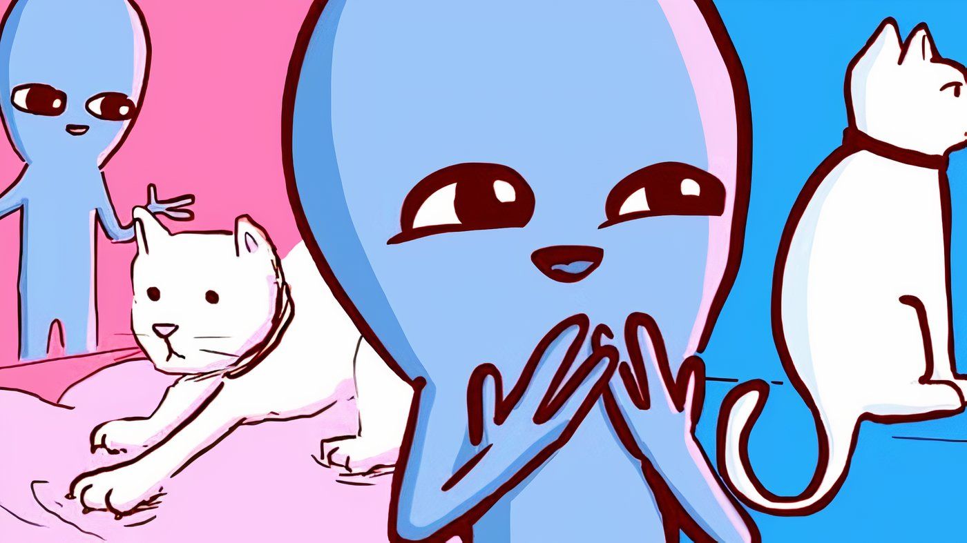 Strange Planet blue beings looking at white cats with love.