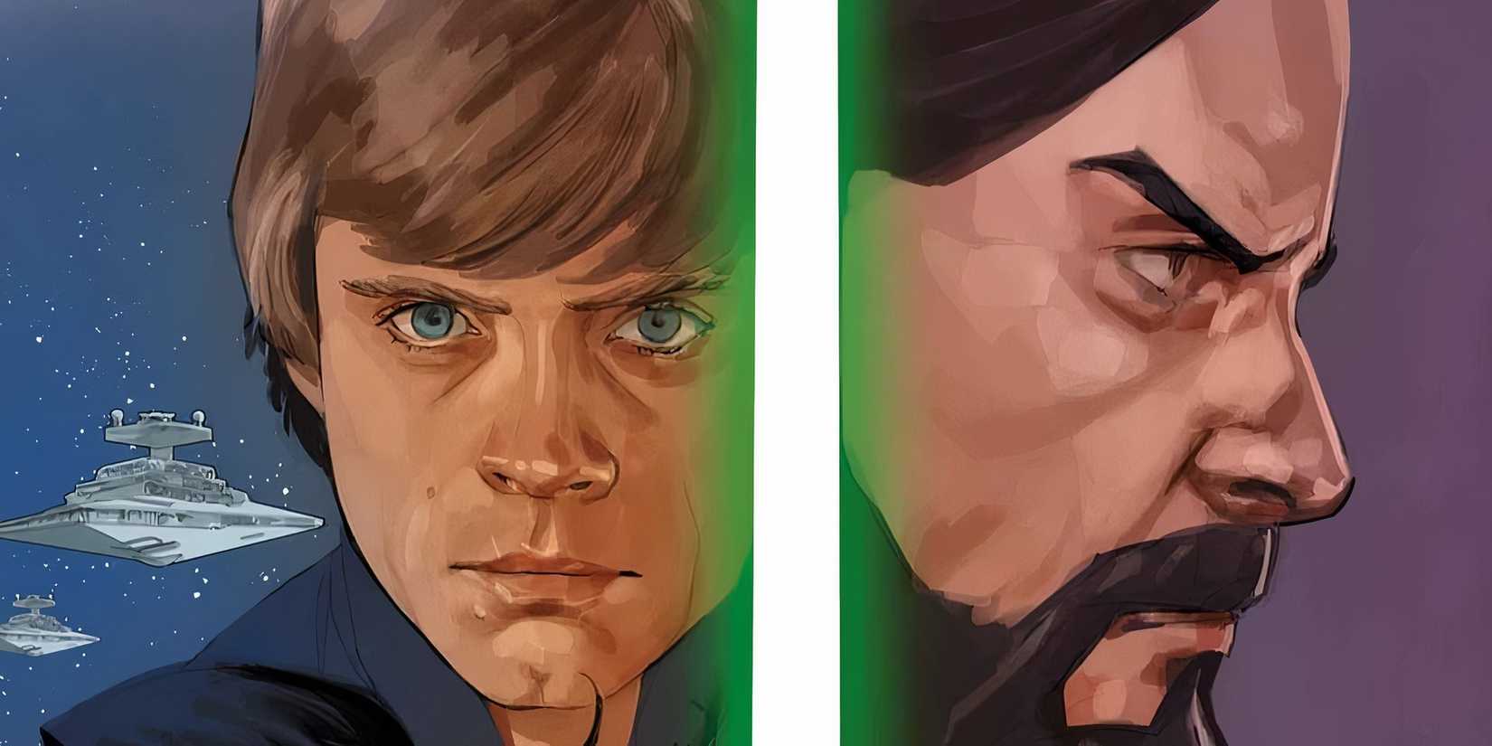 Luke Skywalker and Ubrik Adelhard are divided by Luke's green lightsaber.