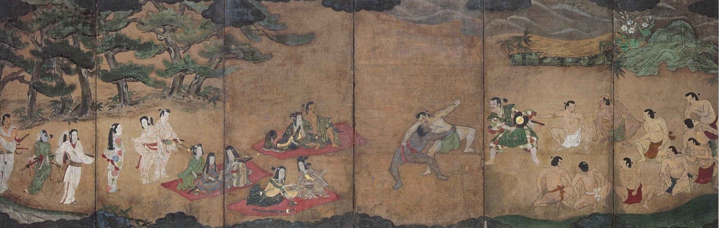 Sumō yūrakuzu byōbu scroll depicting ancient Japanese warriors. 