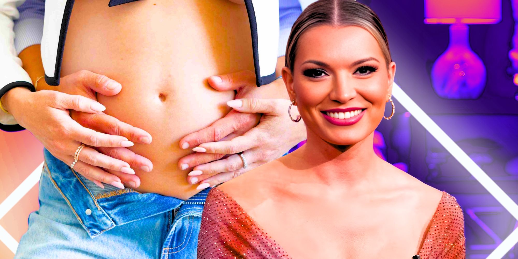Summer House&rsquo;s Lindsay Hubbard smiles in front of an image of hands resting on a pregnant belly.