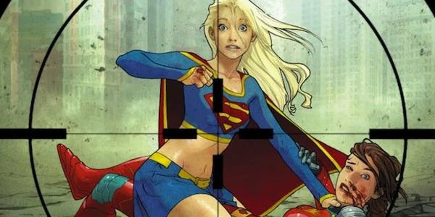 Supergirl sendo atingida por um tiro enquanto socava em um telhado