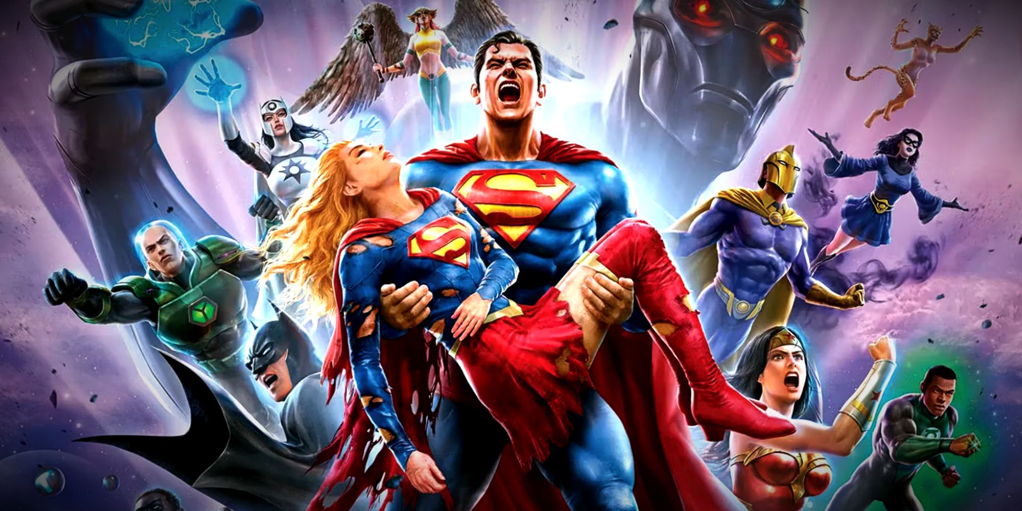 Superman segura Supergirl em Crise nas Infinitas Terras Parte 3 Cartaz de filme animado da DC