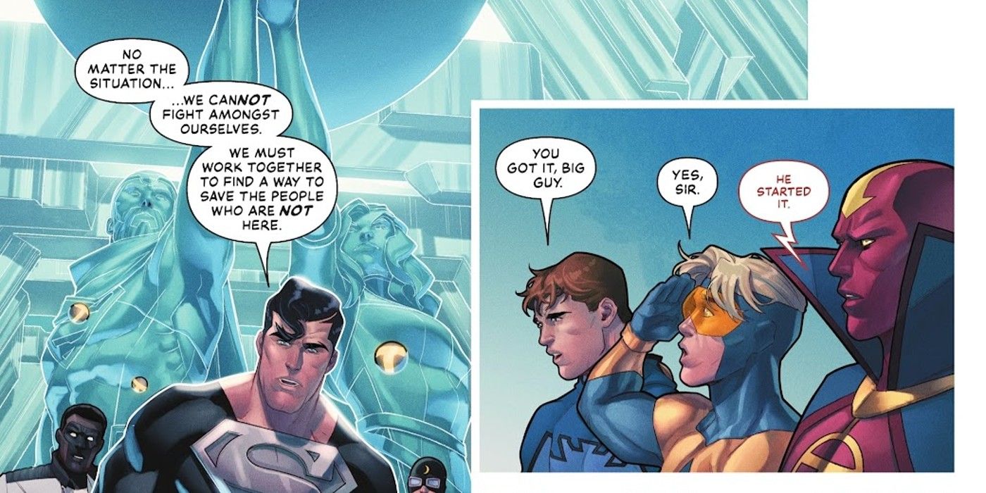 Painéis de histórias em quadrinhos: Superman pede que Besouro Azul Ted Kord, Gladiador Dourado e Tornado Vermelho parem de lutar.
