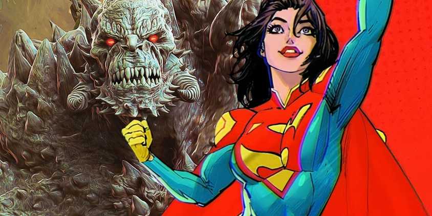 Comic book art: Doomsday lurks behind Superwoman Lois Lane.