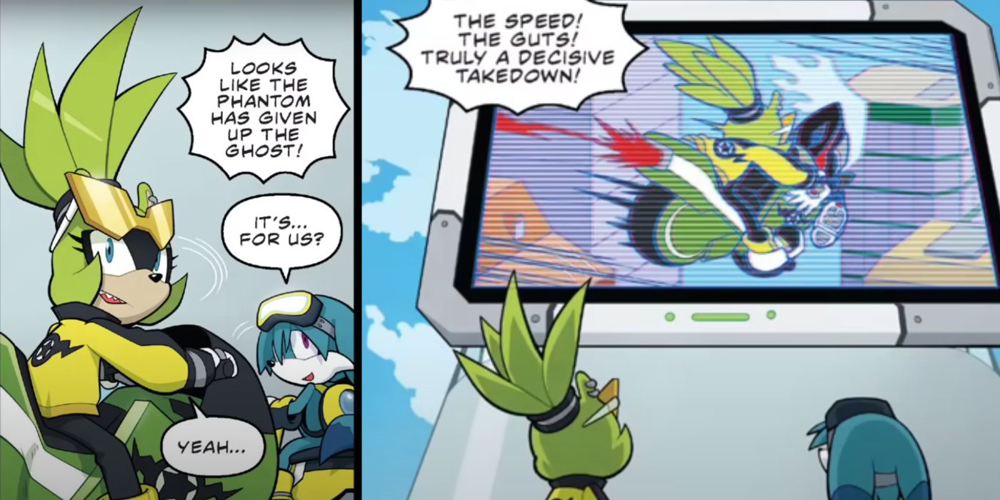 Surge and Kit see their actions caught on the big screen in Sonic 70