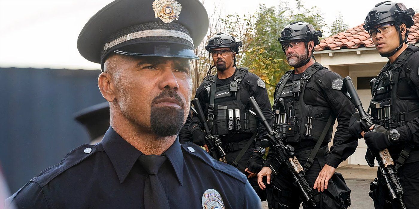 A composite image of Hondo looking stoically while wearing his dress uniform in front of Hondo standing with his team in tactical gear in SWAT 