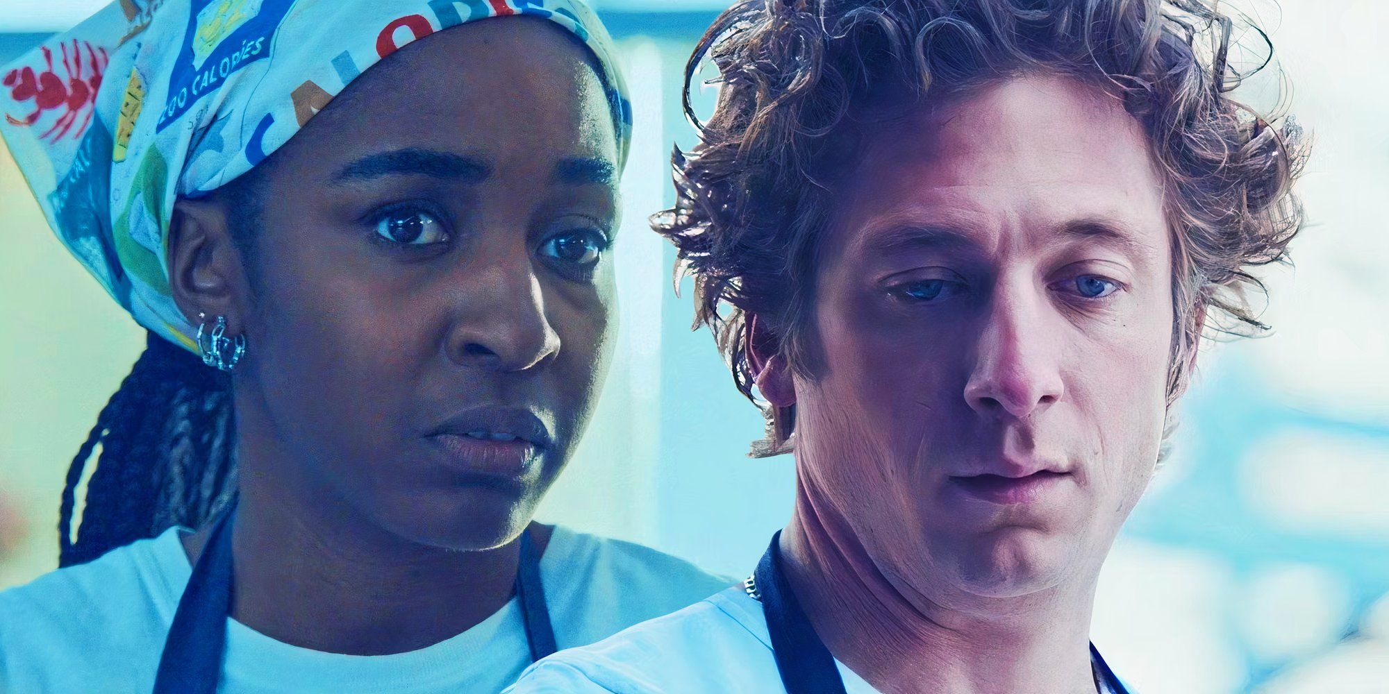 Sydney (Ayo Edebiri) looking very worried in the kitchen next to Carmy (Jeremy Allen White) looking down in The Bear