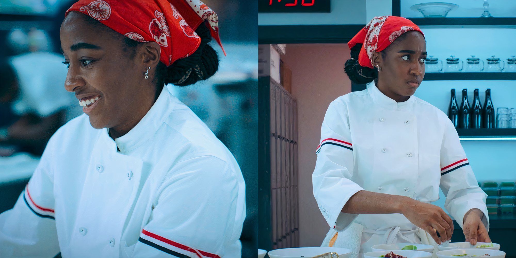 Sydney in a Thom Browne Chef Jacket and Red Bandana in The Bear