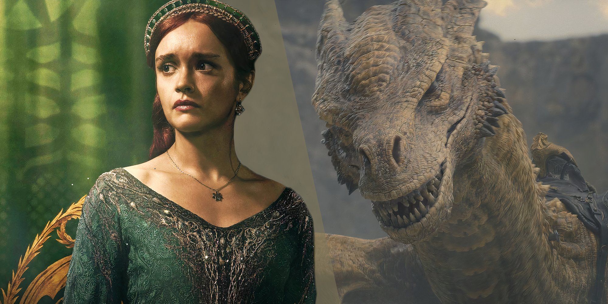 Olivia Cooke as Alicent Hightower in House of the Dragon (2024) next to Syrax