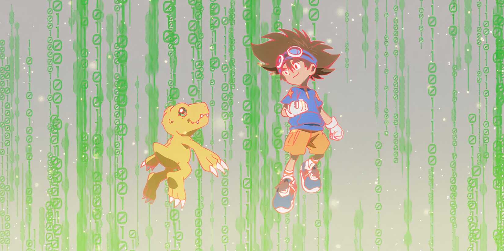 Tai and Agumon are digitized, surrounded by a glowing green aura.
