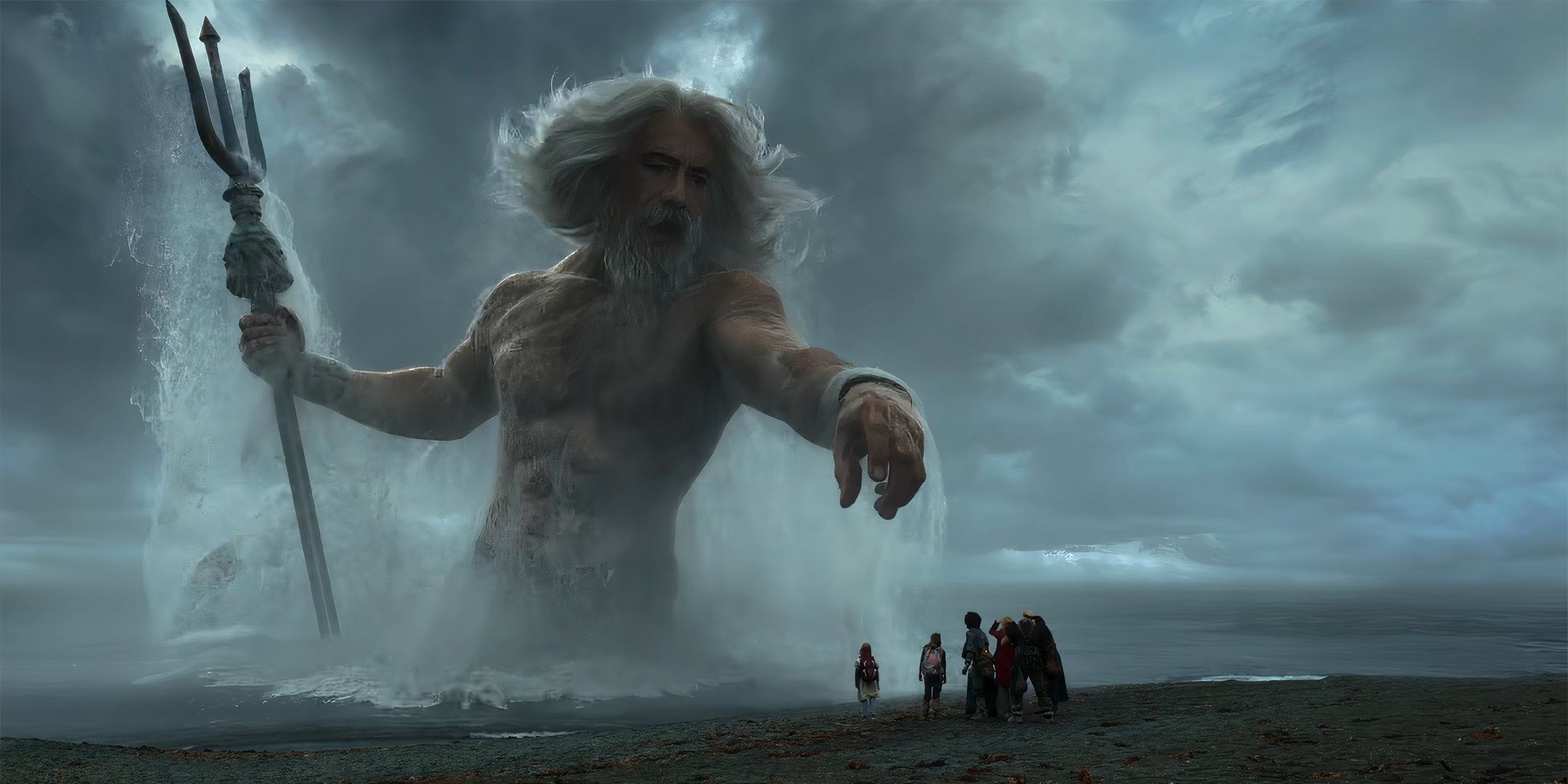 Taika Waititi as Supreme Being appearing as a giant Poseidon to the Time Bandits in Time Bandits