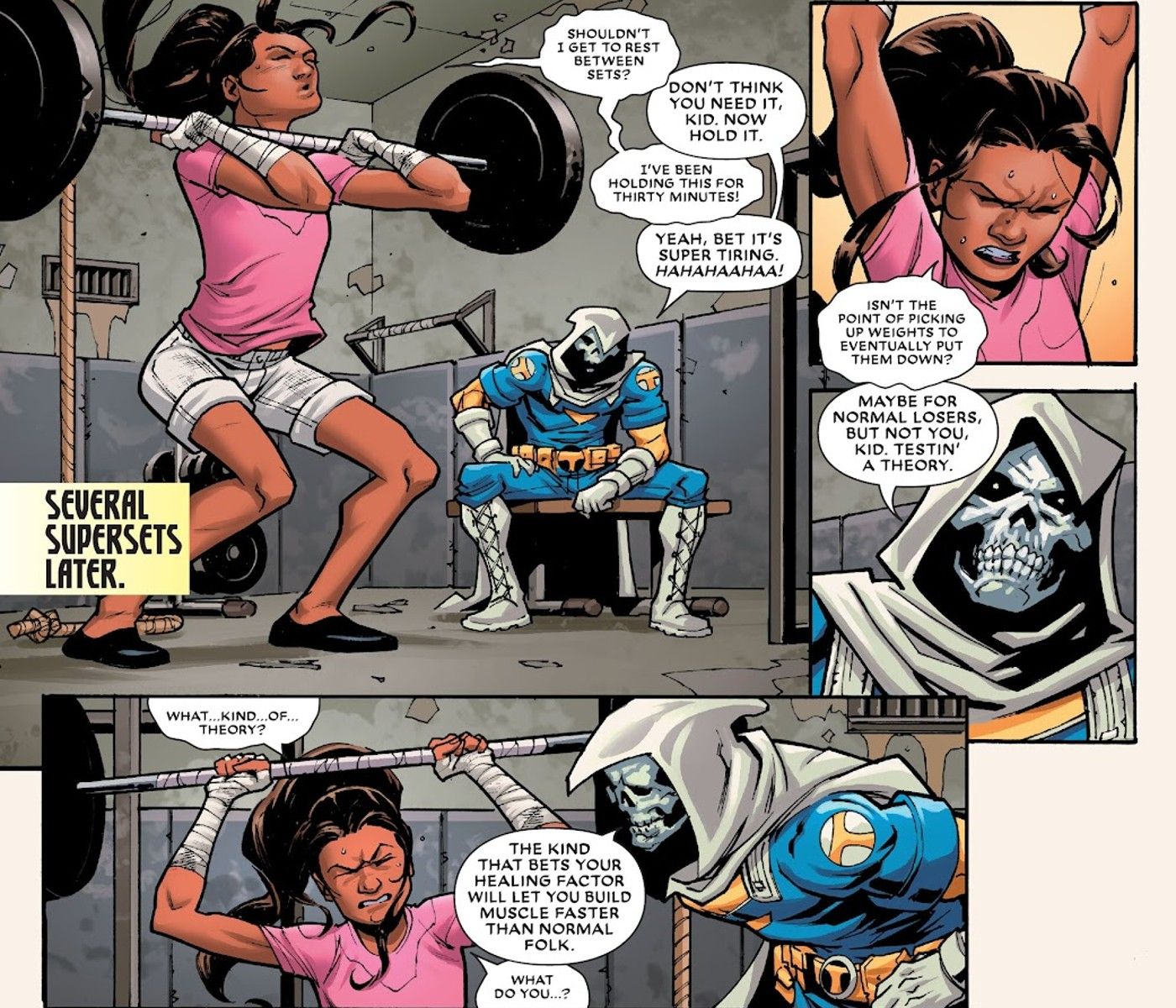 Taskmaster observa Ellie levantando pesos em Deadpool #4