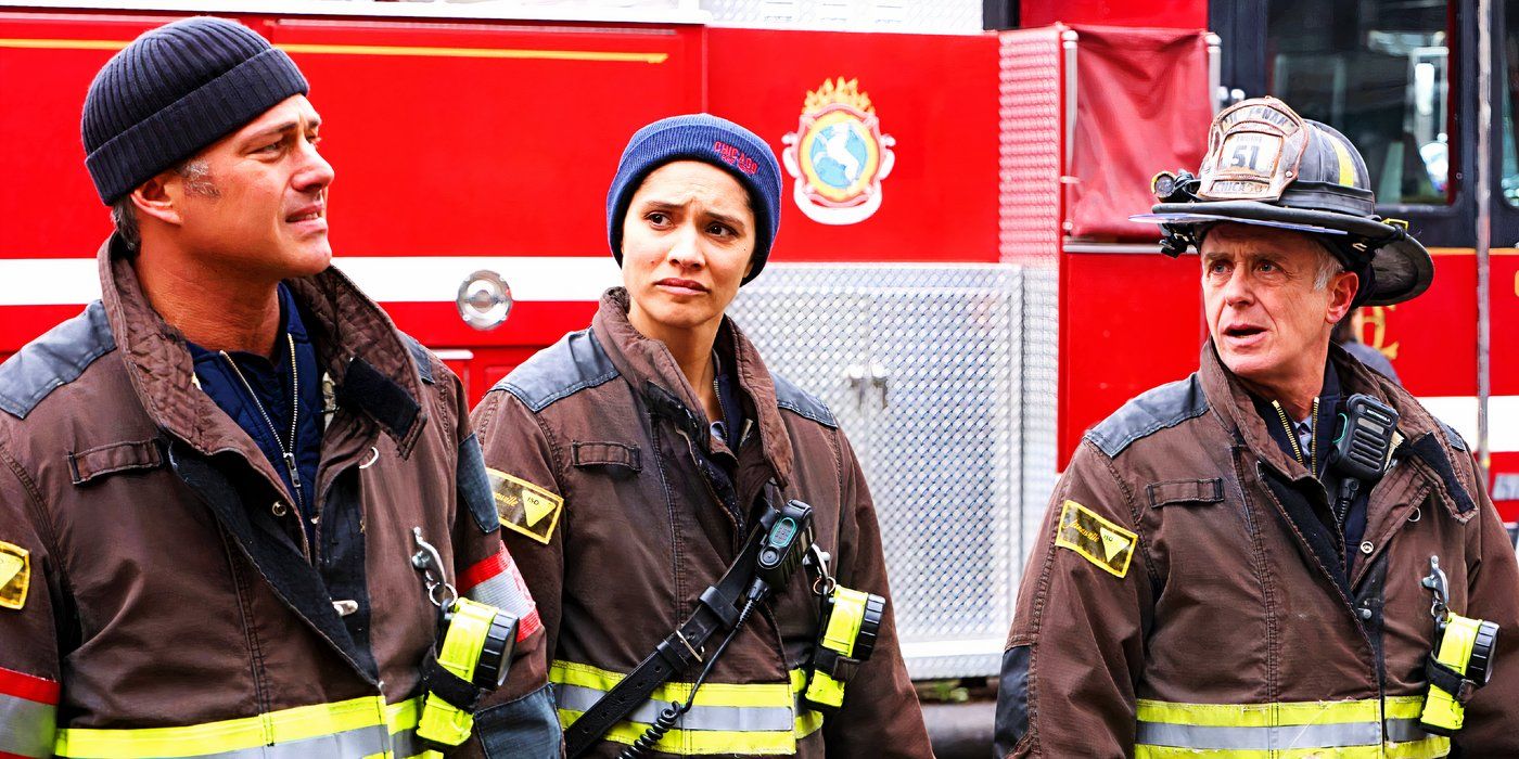 Severide, Kidd, and Hermann stand next to the fire engine in Chicago Fire