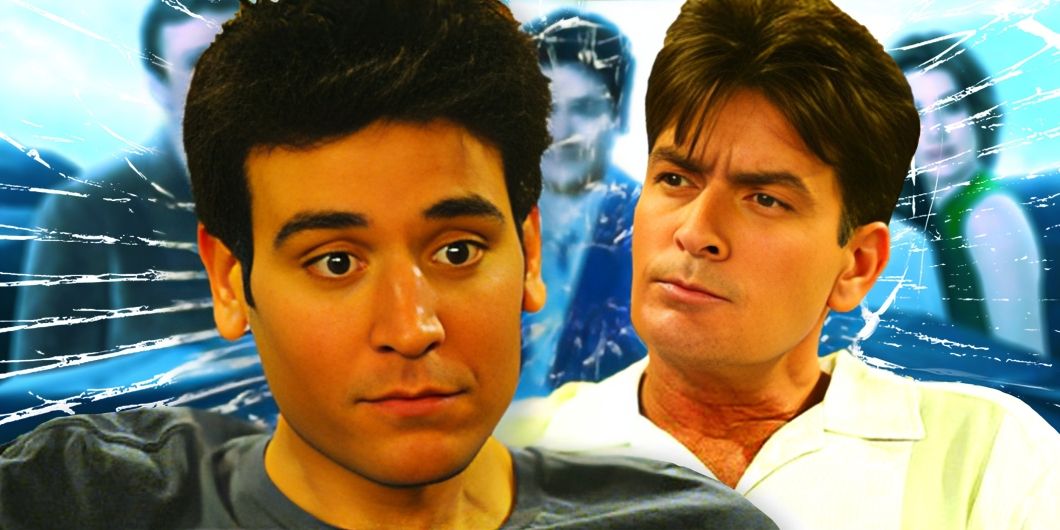 Ted From How I met Your Mother and Charlie Sheen in Front of Broken Glass