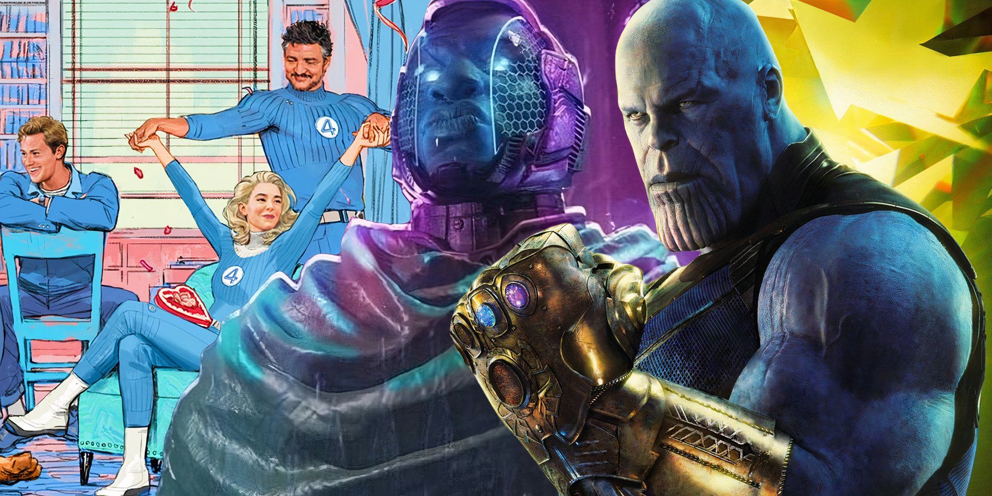 The MCU's Thanos from Infinity War (2018) next to artwork of Kang the Conqueror and The Fantastic Four (2025)