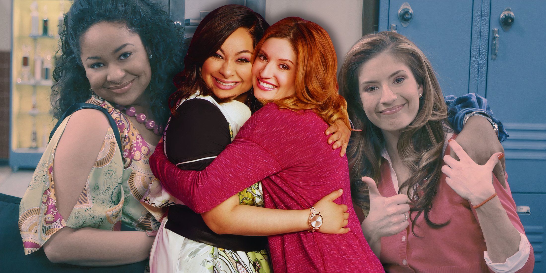 An image of Raven and Chelsea hugging in Raven's Home over an image of them from That's So Raven