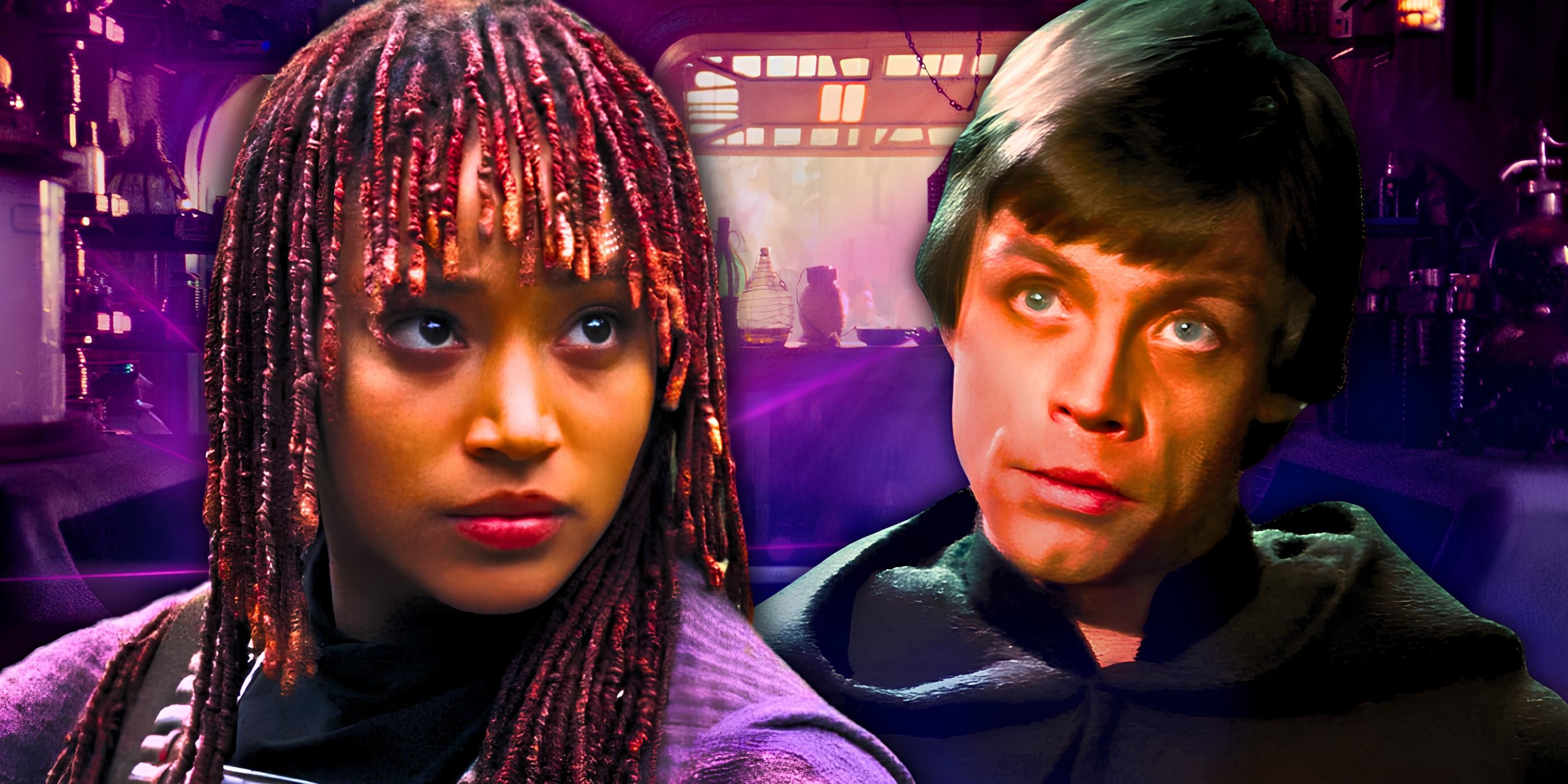 Mae in The Acolyte to the left and Luke Skywalker in Return of the Jedi to the right in a combined image in front of a purple background