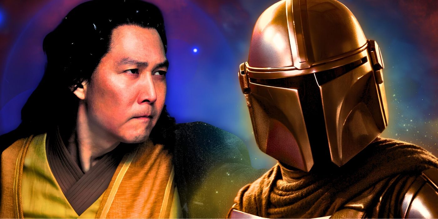 Master Sol from The Acolyte to the left and Din Dajarin in his helmet to the right in a combined image with a purple/blue background