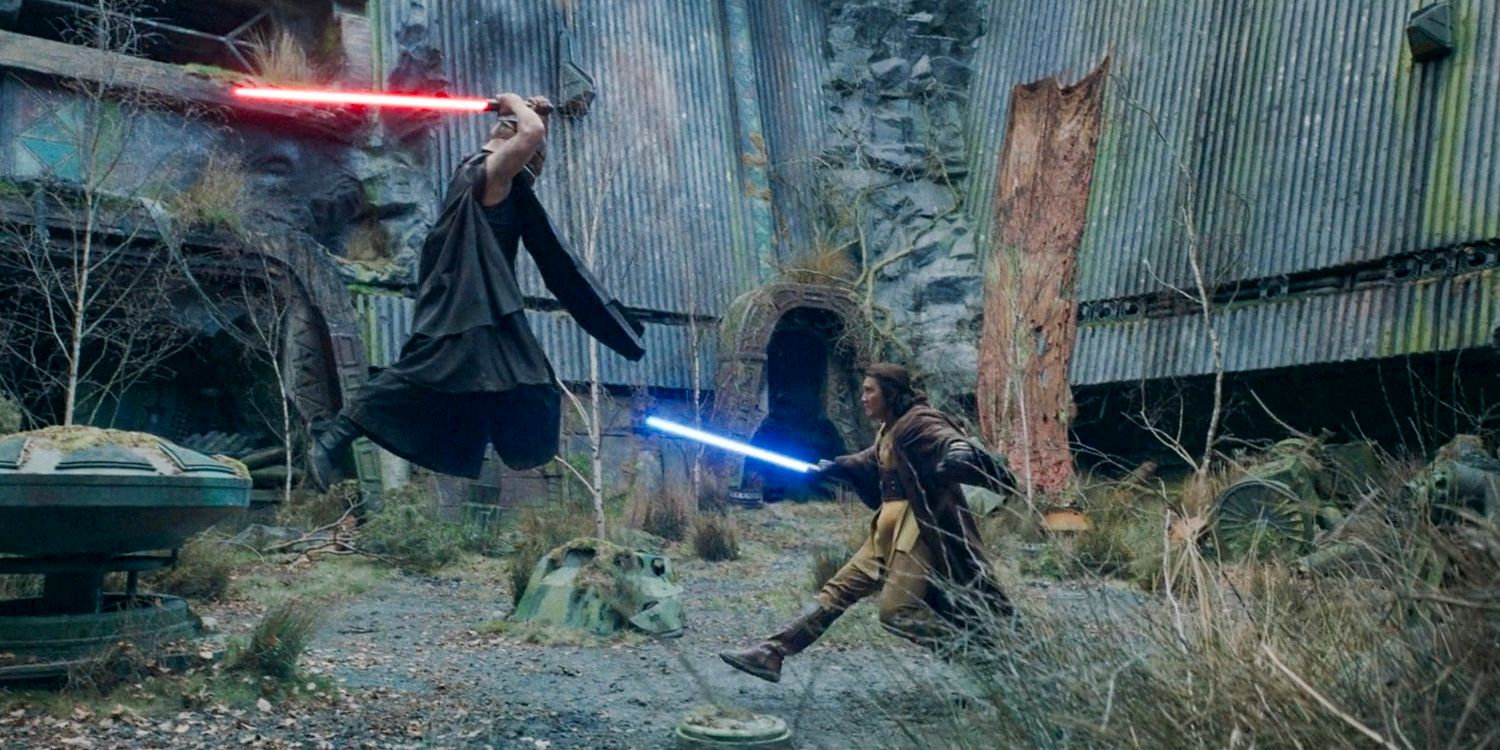 Qimir (Manny Jacinto) and Master Sol (Lee Jung-jae) in a lightsaber duel in The Acolyte season 1 episode 8