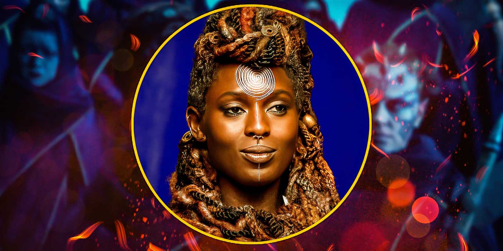 Mother Aniseya (Jodie Turner-Smith) smiles, edited inside a circle with a background of the witches of Brendok