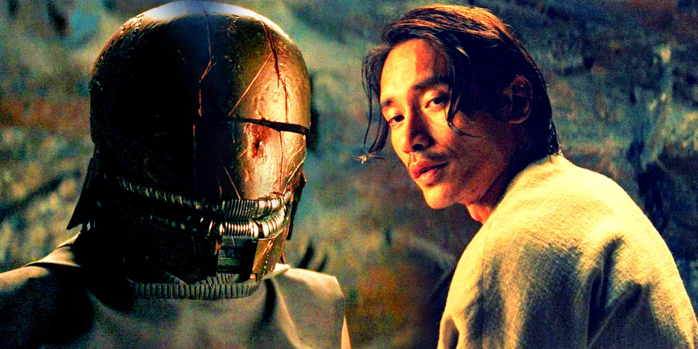Manny Jacinto as The Stranger and Amandla Stenberg's Osha wearing the Sith's helmet in The Acolyte 