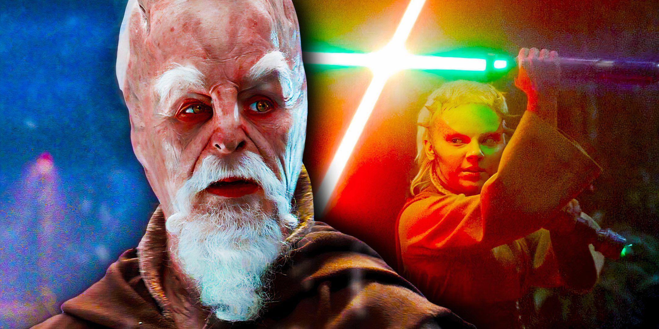 Ki-Adi-Mundi looks shocked in Revenge of the Sith, edited over Jecki Lon fighting The Stranger in The Acolyte