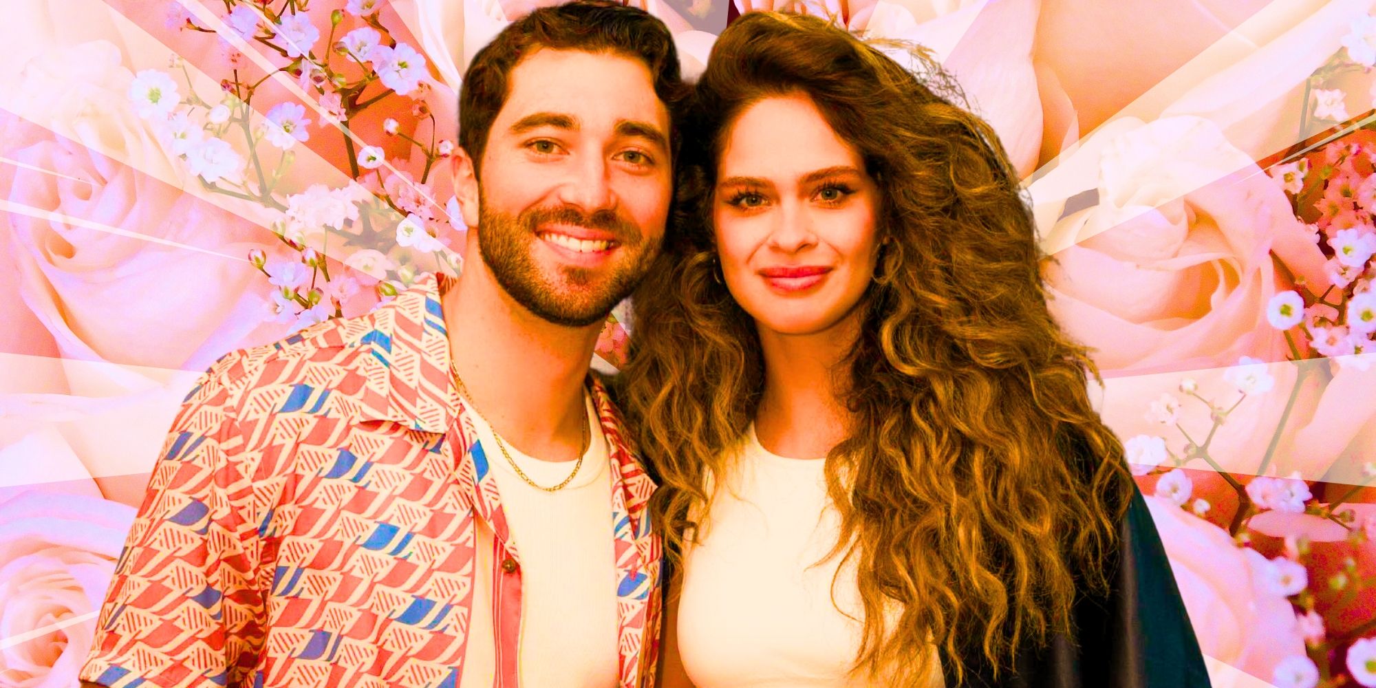 The Bachelor’s Joey Graziadei & Kelsey Anderson smile with pink flowers behind them.