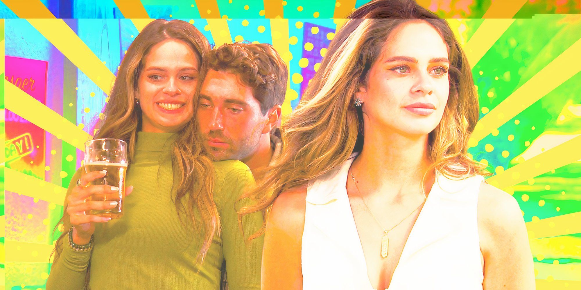 The Bachelor stars Joey Graziadei and Kelsey Anderson in montagr with green and yellow background