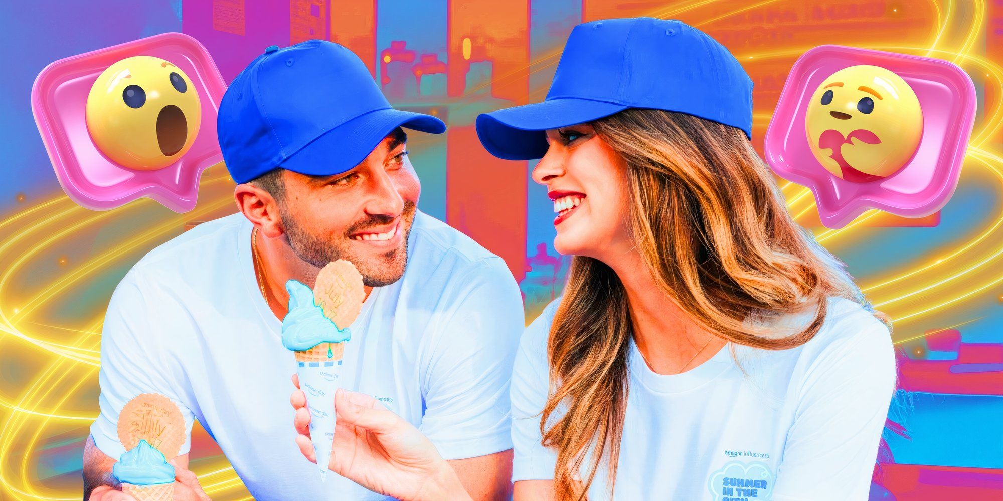 Joey Graziadei And Kelsey Anderson wearing blue hats looking at each other while holding ice cream