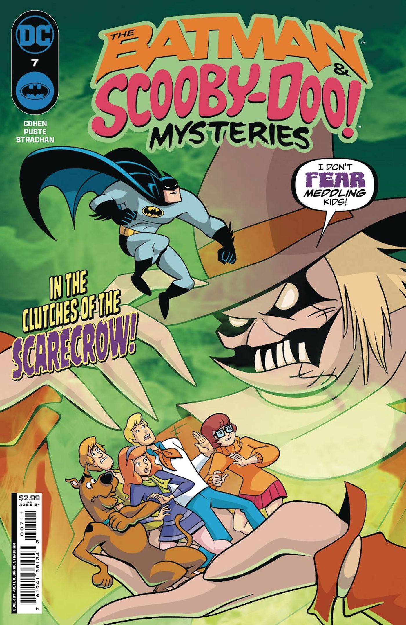 Capa principal de The Batman & Scooby Doo Mysteries 7: O Espantalho segura a Gangue Scooby enquanto o Batman salta.